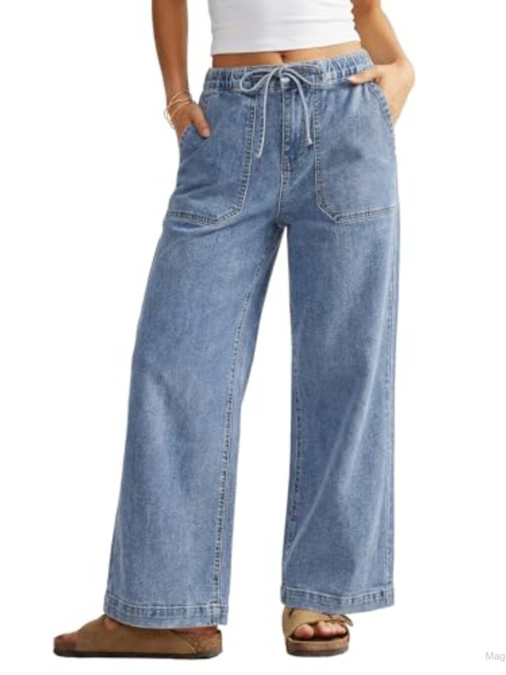 Wide Leg High Waisted Stretch Denim Jeans for Women with Pockets
